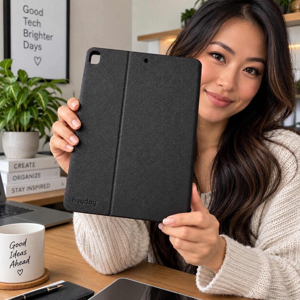 Heyday Apple iPad Folio Case with Pencil Holder Black Crosshatch Texture